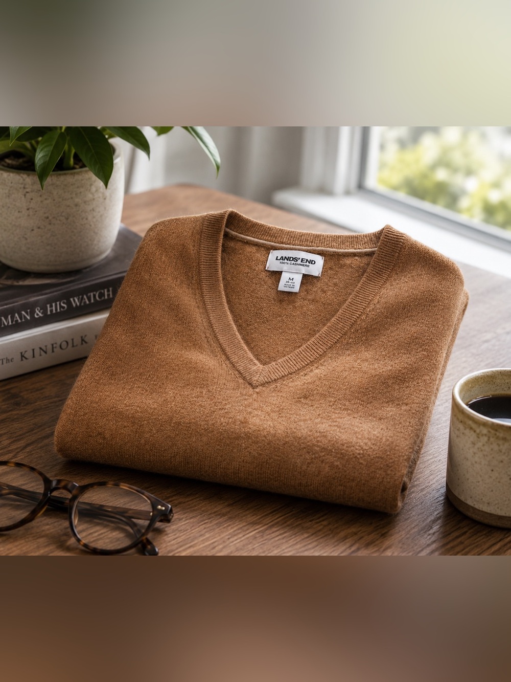 Lands’ End 100% Cashmere Brown V-Neck Sweater | Men’s Medium